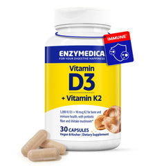 Enzymedica envase frontal mostrando D3 y K2, fácil identificación del suplemento
