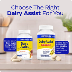 Mesa de desayuno con leche y queso y Enzymedica DairyAssist mostrando estilo de vida