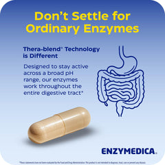 Enzymedica en mesa con alimentos para mostrar apoyo en comidas copiosas