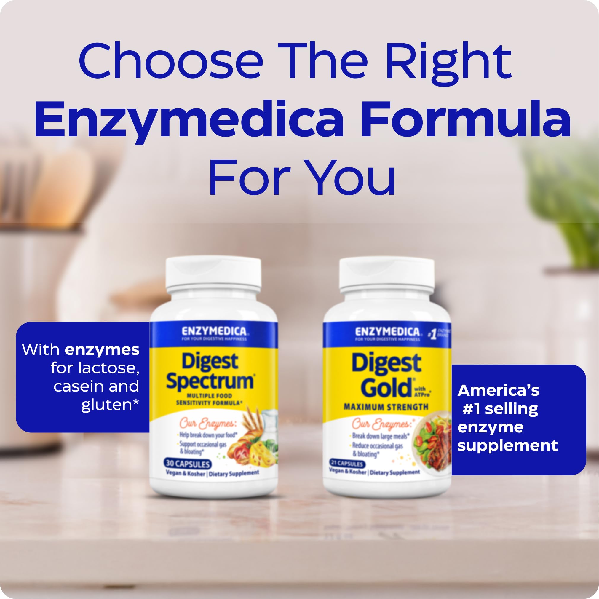 Enzymedica frasco abierto con cápsulas distribuidas para ver cantidad por envase