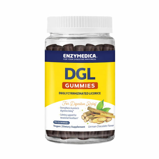 Enzymedica frasco delantero DGL gomitas mostrando botella y etiqueta, fácil identificación del producto