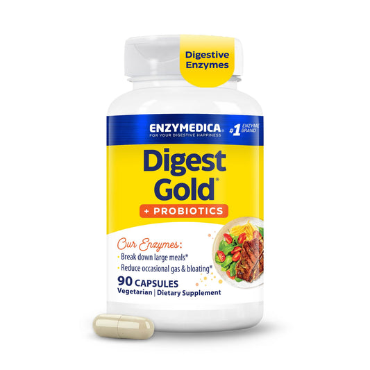 Enzymedica envase frontal mostrando nombre y beneficios para digestión