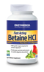 Enzymedica envase frontal de Betaine HCl mostrando cápsulas y beneficio digestivo