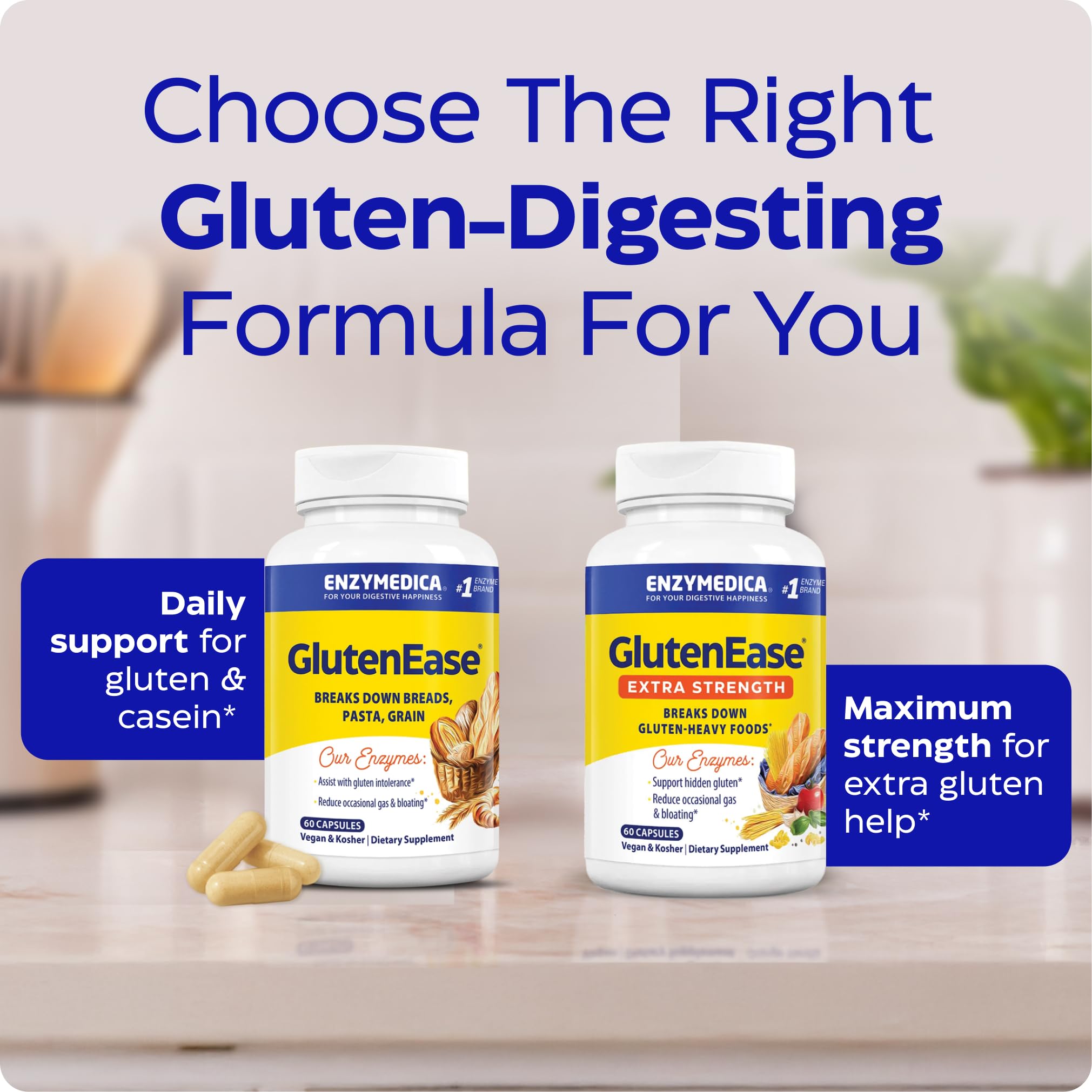 Escena de desayuno con pan y queso acompañada de Enzymedica GlutenEase para tranquilidad al comer