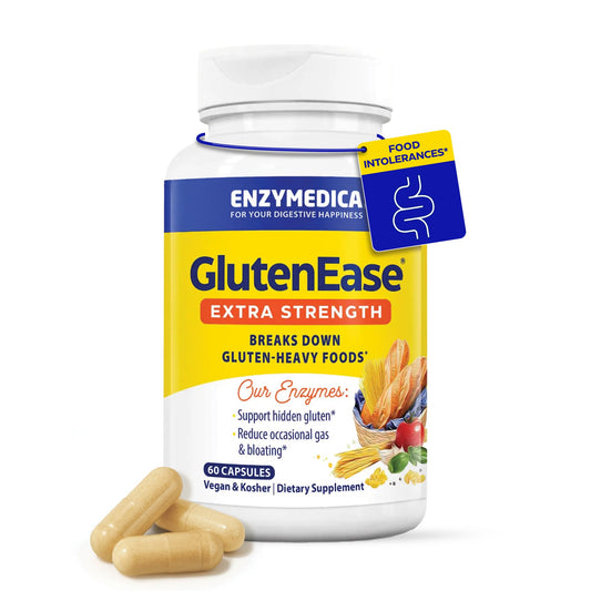 Enzymedica envase frontal de GlutenEase Extra Strength mostrando el diseño y tamaño