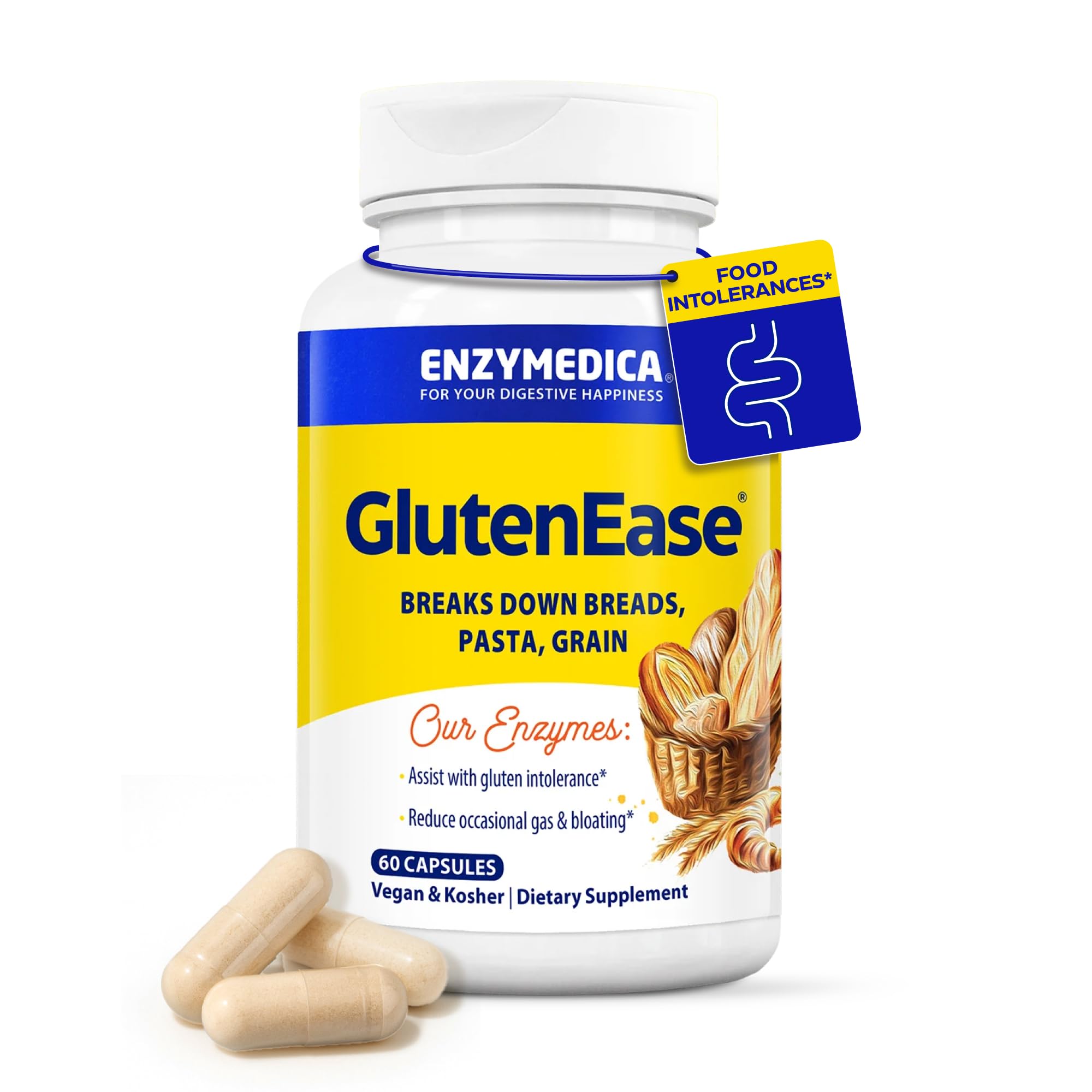 Enzymedica GlutenEase vista frontal del envase que muestra 60 cápsulas y beneficio de soporte digestivo