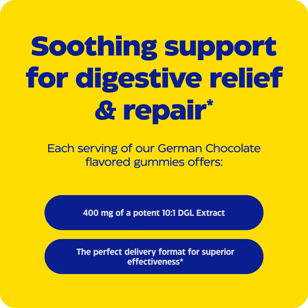 Enzymedica gomitas sobre superficie con trozos de chocolate, sugerencia del sabor chocolate