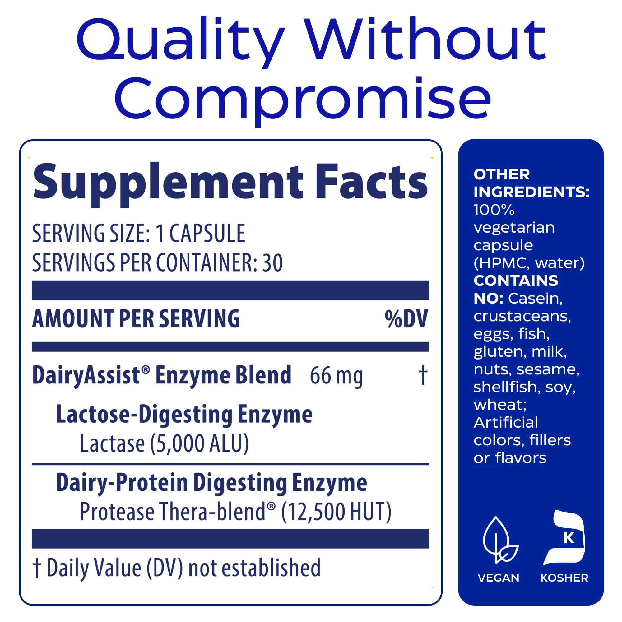Etiqueta de Enzymedica DairyAssist con lista de enzimas y detalles del producto