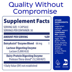 Etiqueta de Enzymedica DairyAssist con lista de enzimas y detalles del producto