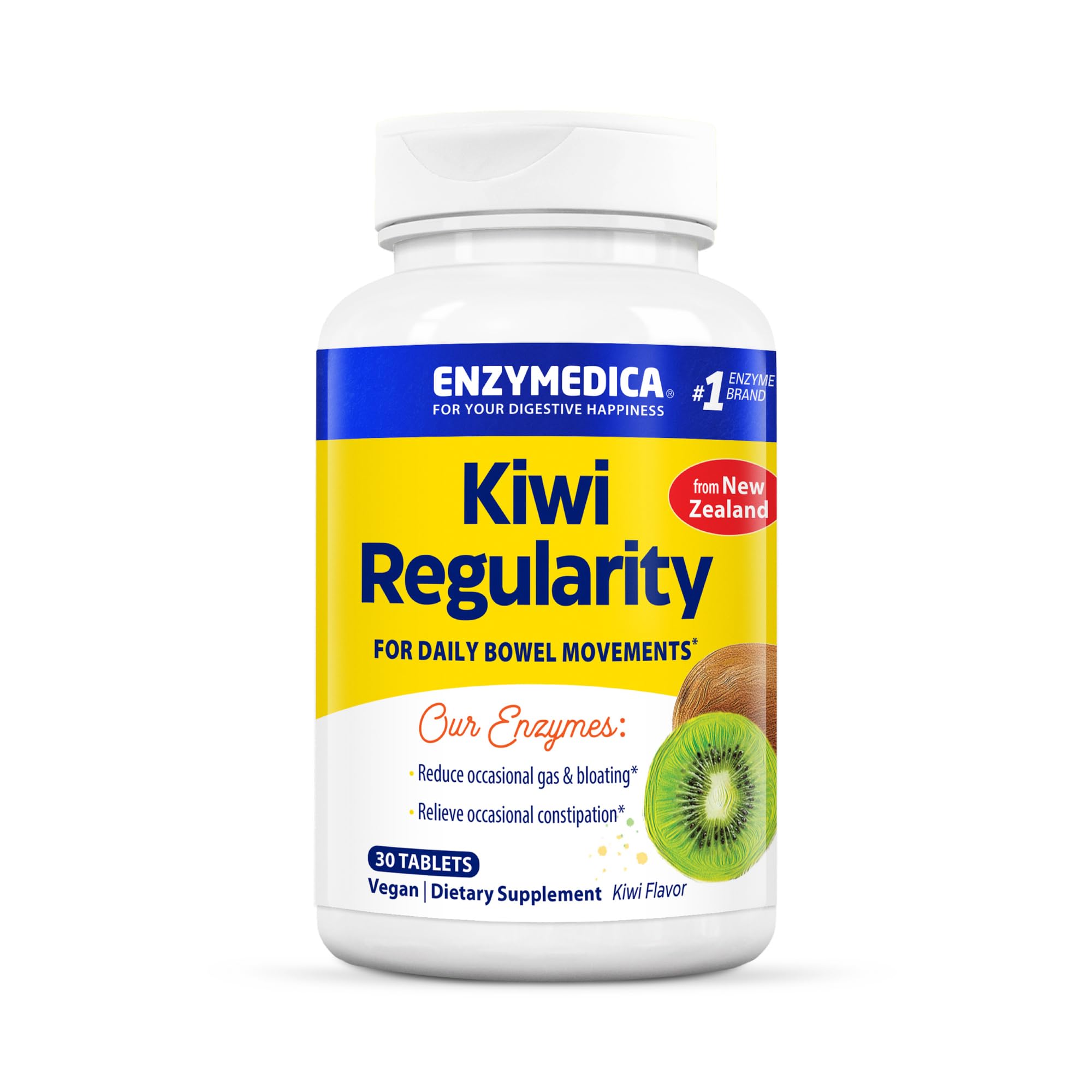 Enzymedica Kiwi Regularity frasco frontal mostrando tabletas y beneficios digestivos