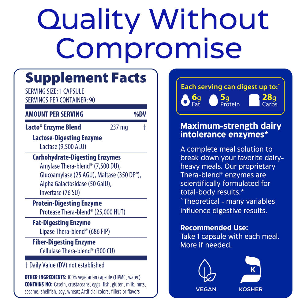 Enzymedica Lacto: iconos vegano y kosher que inspiran confianza.