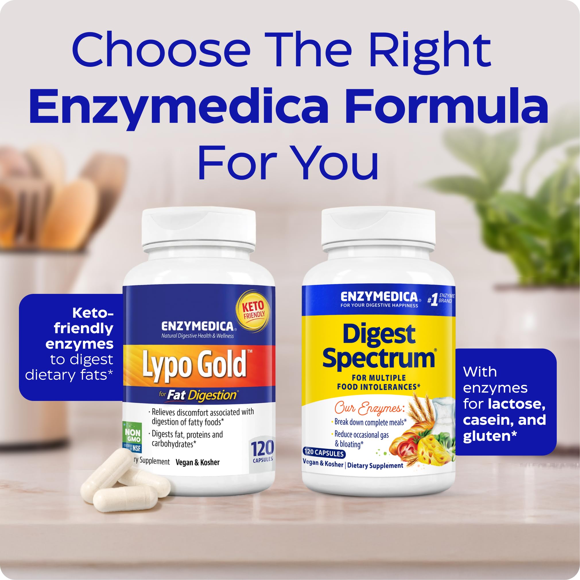 Enzymedica Lypo Gold envase abierto con cápsulas enfatizando cantidad y conservación