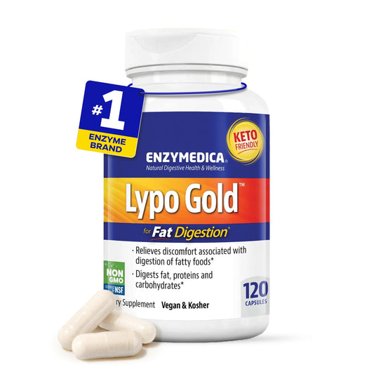 Enzymedica Lypo Gold frente del empaque mostrando información clave y beneficios