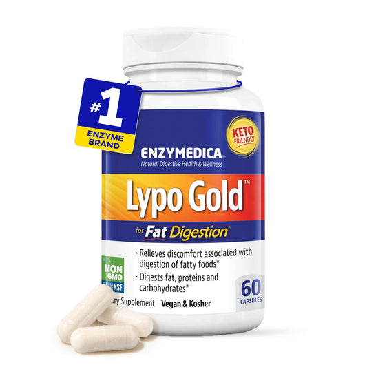 Enzymedica Lypo Gold frente del envase mostrando la marca y beneficio digestivo