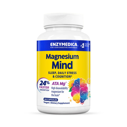 Botella de Enzymedica Magnesium Mind con ATA Mg, destacando alta absorción.