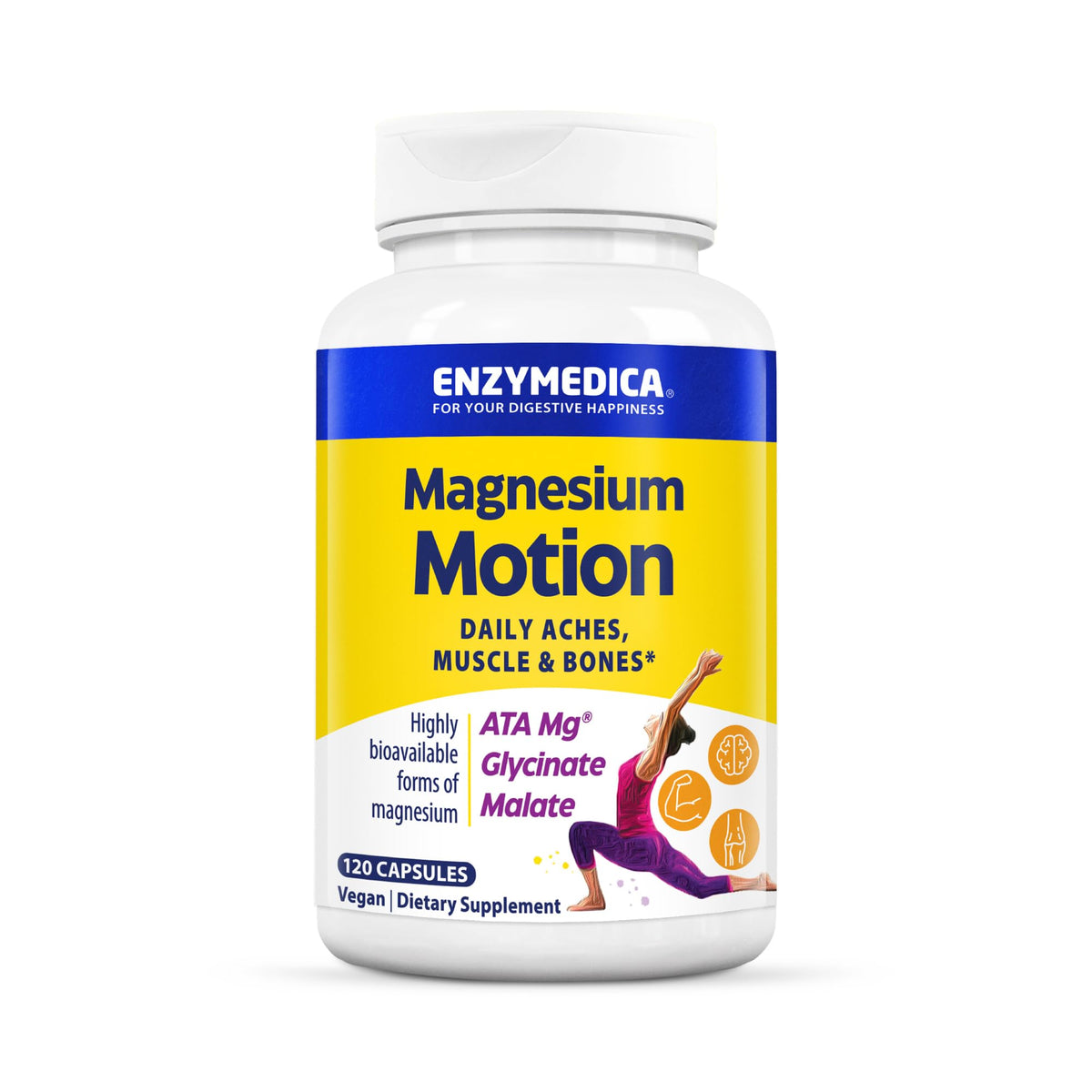 Enzymedica envase frontal mostrando Magnesium Motion y sus beneficios