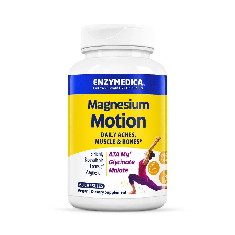 Enzymedica Magnesium Motion vista frontal mostrando envase y marca para confianza