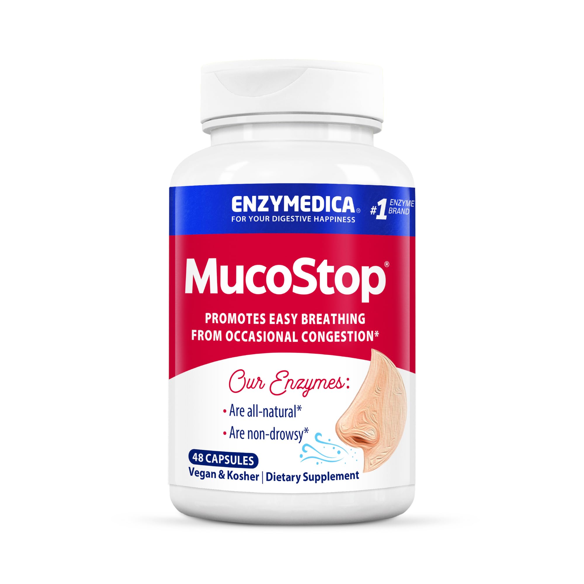 Enzymedica MucoStop frente del envase mostrando nombre y cantidad