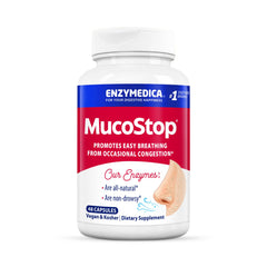 Enzymedica MucoStop frente del envase mostrando nombre y cantidad