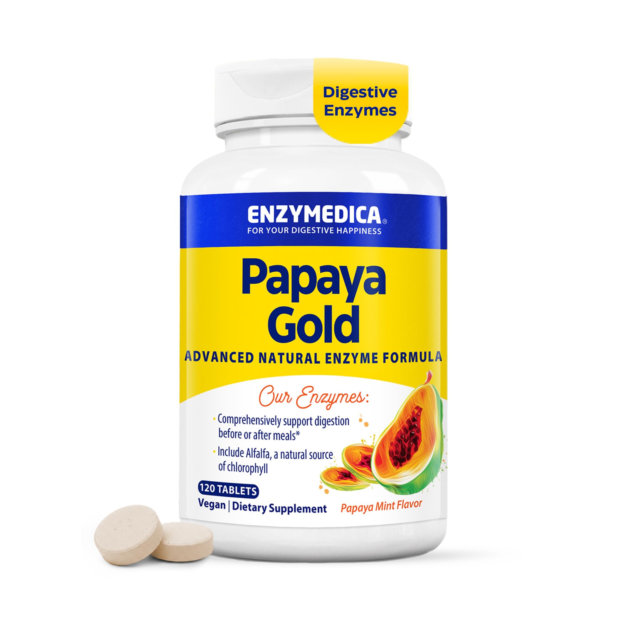 Enzymedica Papaya Gold frasco frontal mostrando etiqueta clara y beneficios