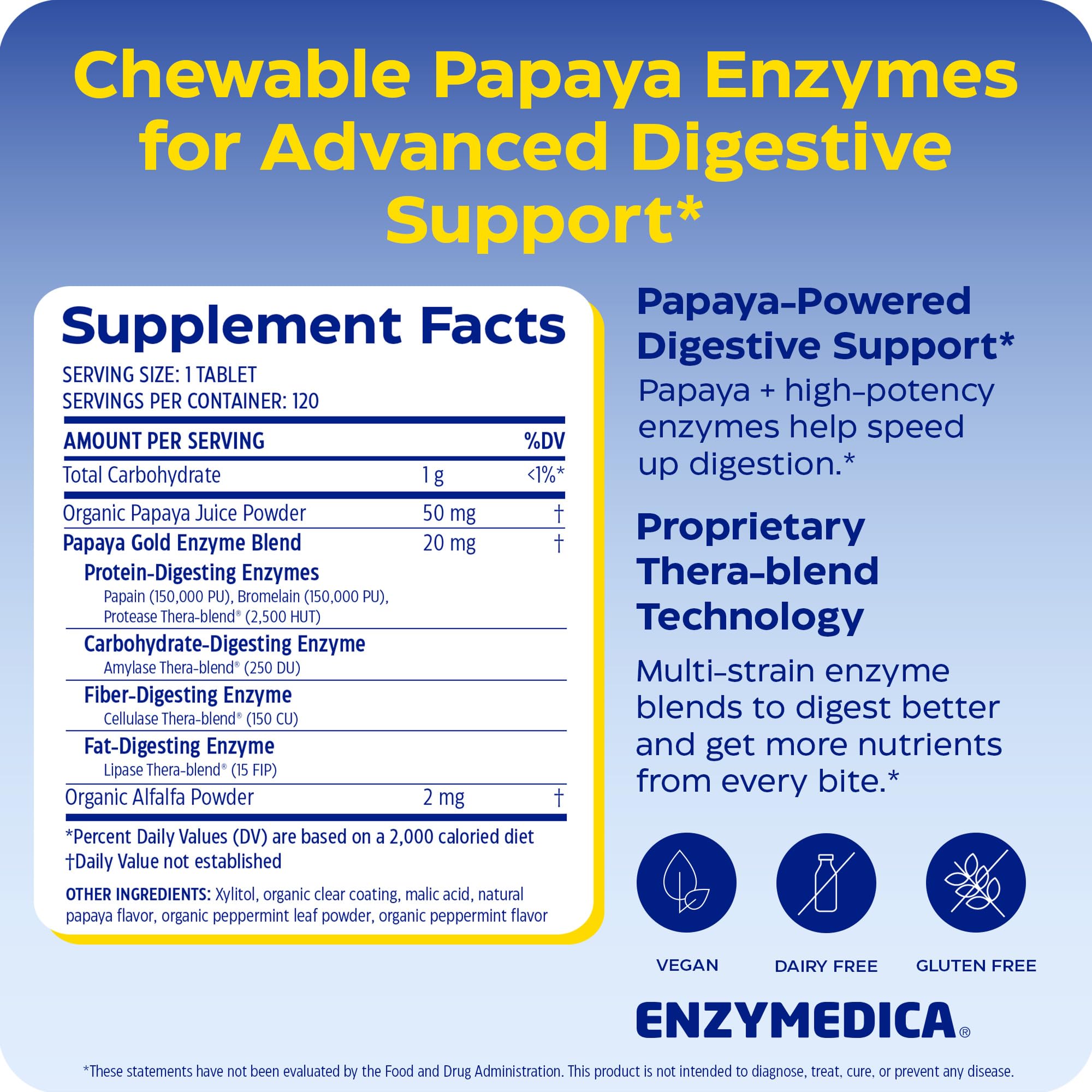 Enzymedica Papaya Gold tabletas dispersas mostrando forma y color masticable