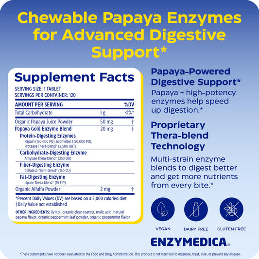 Enzymedica Papaya Gold tabletas dispersas mostrando forma y color masticable