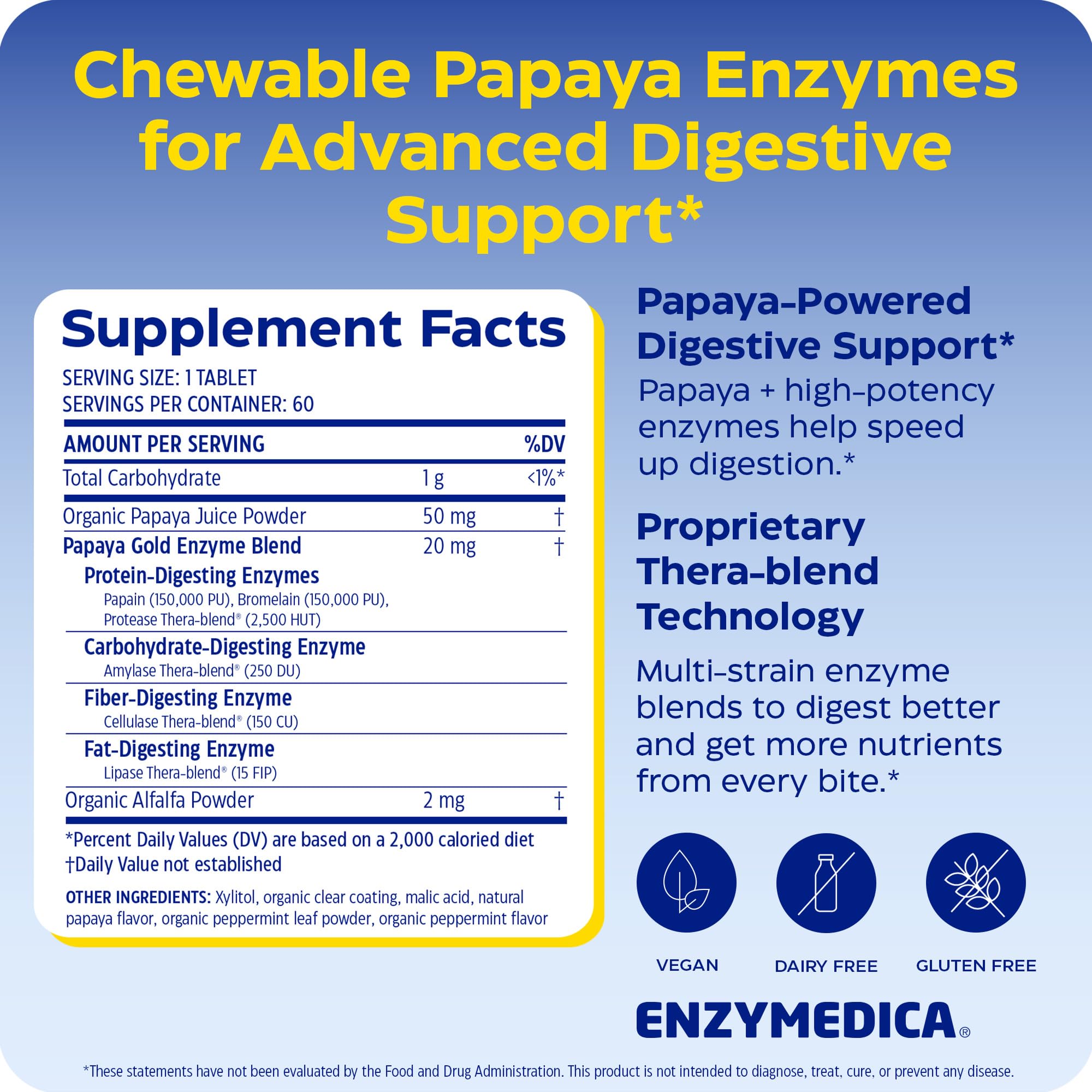 Enzymedica Papaya Gold tabletas en mano, masticable conveniente y portátil