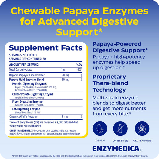 Enzymedica Papaya Gold tabletas en mano, masticable conveniente y portátil