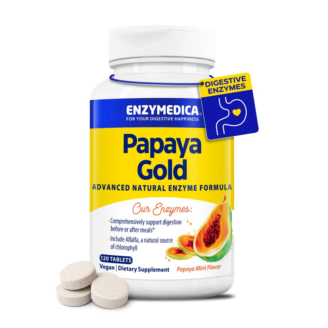 Enzymedica Papaya Gold tabletas: soporte digestivo tras comidas abundantes y nutritivas.