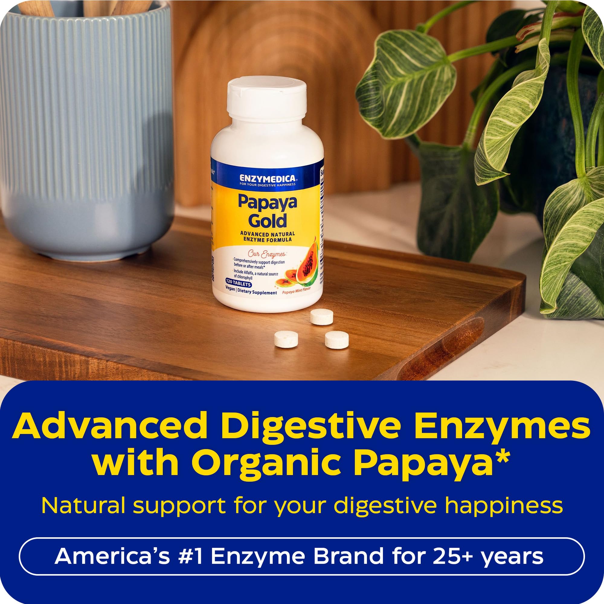 Enzymedica Papaya Gold textura de tableta en primer plano, fácil de masticar