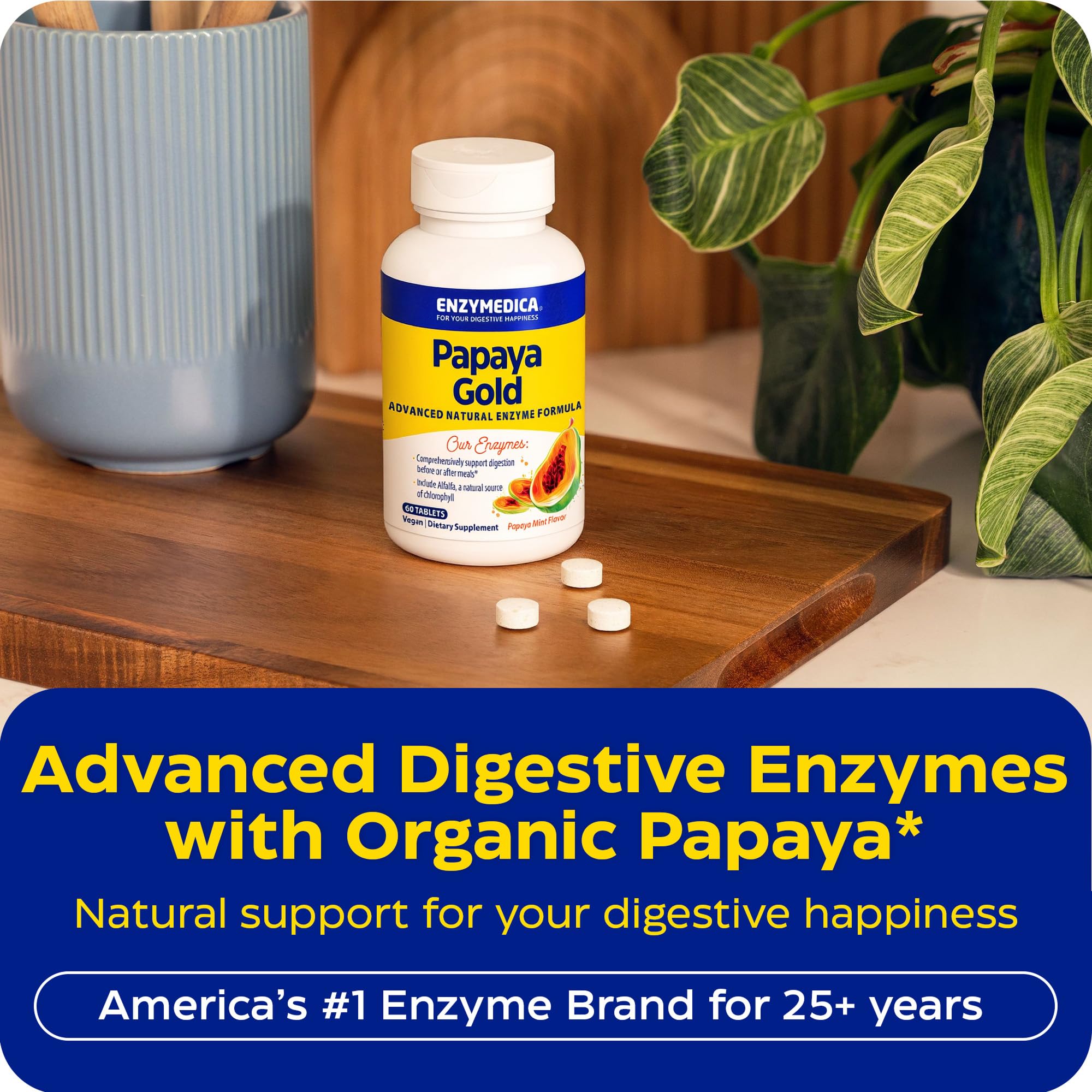Enzymedica Papaya Gold detalle de la textura de la tableta para fácil masticación