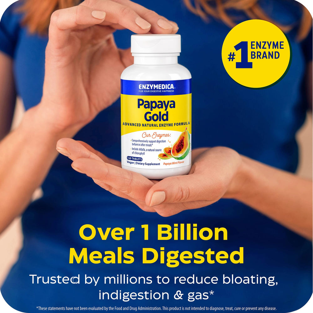 Enzymedica Papaya Gold junto a platos de comida, ayuda a digestión durante comidas