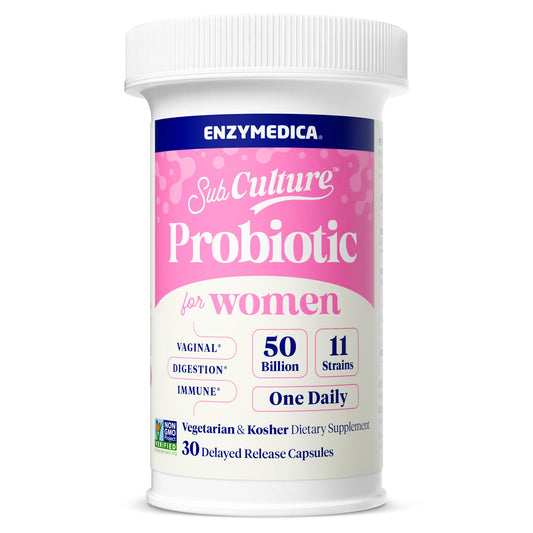 Enzymedica SubCulture frasco frontal que muestra la etiqueta y beneficios