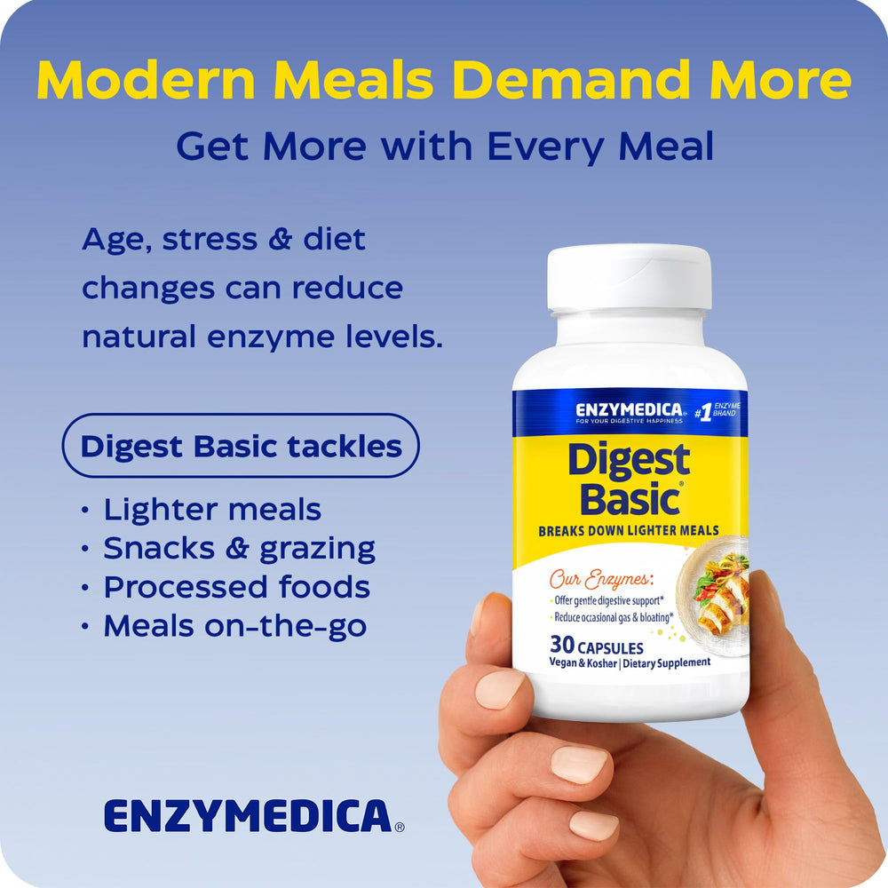 Enzymedica cápsula junto a comida ilustra alivio tras comidas copiosas