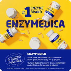 Enzymedica VeggieGest en mesa con comida vegana para reducir gases y hinchazón