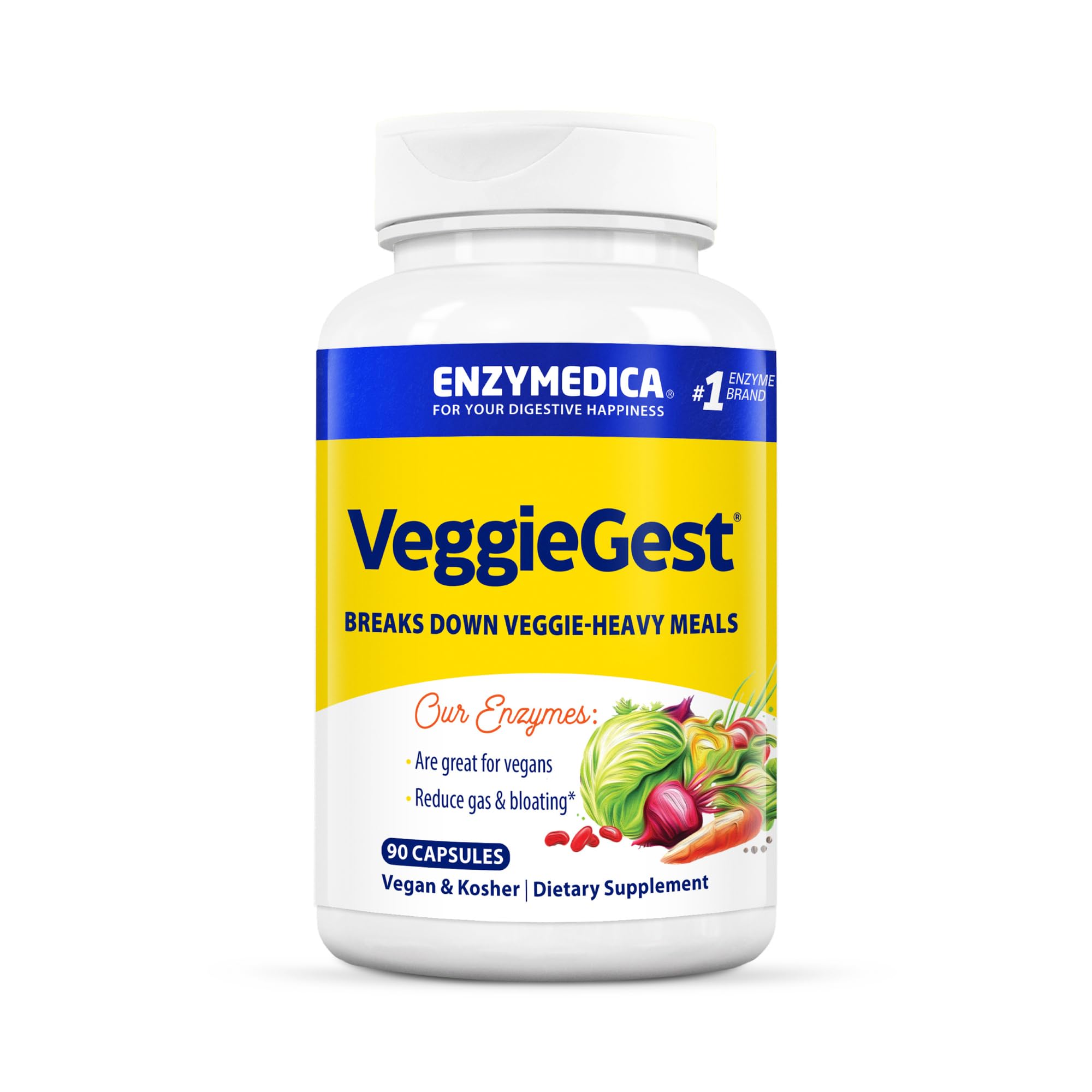 Enzymedica VeggieGest frontal mostrando diseño y beneficio digestivo