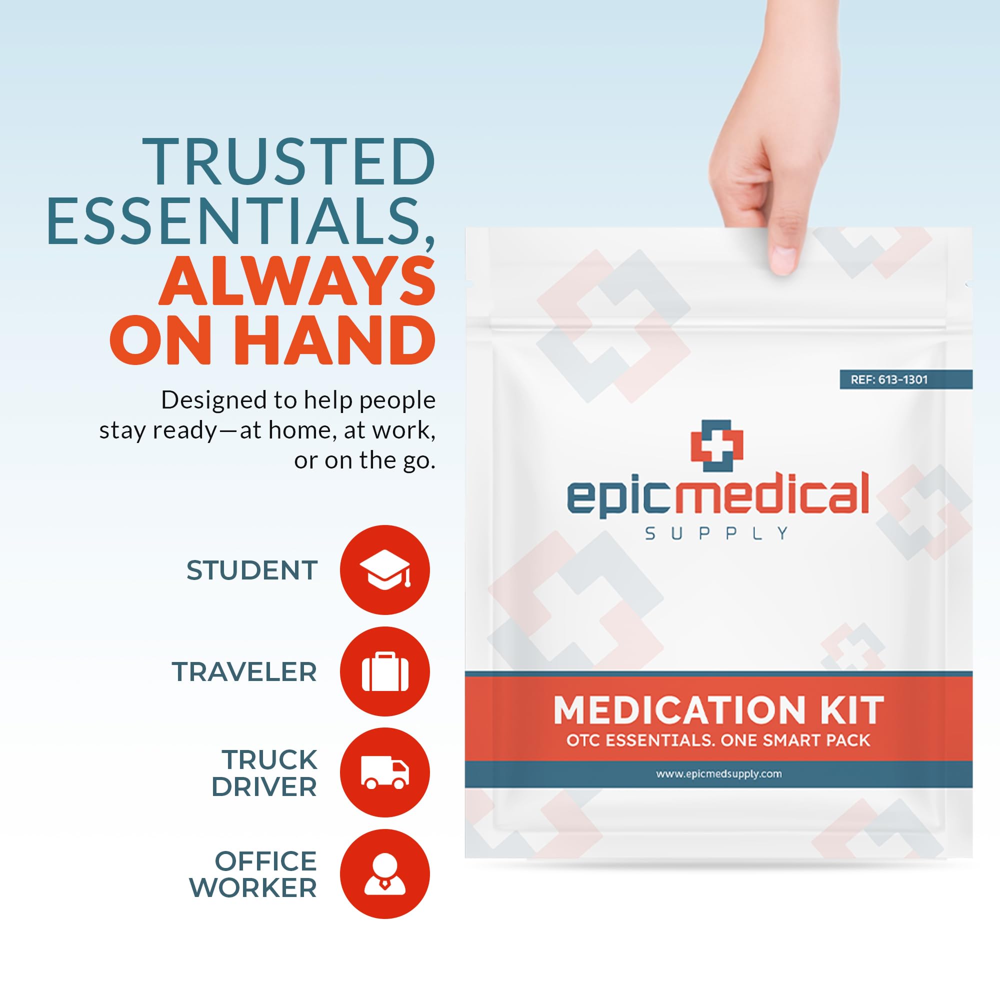 Epic Medical Supply distribución de sobres sobre mesa mostrando variedad de medicinas