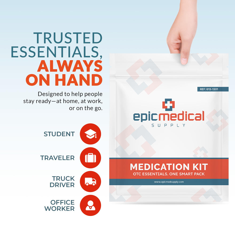 Epic Medical Supply distribución de sobres sobre mesa mostrando variedad de medicinas