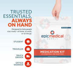 Epic Medical Supply distribución de sobres sobre mesa mostrando variedad de medicinas