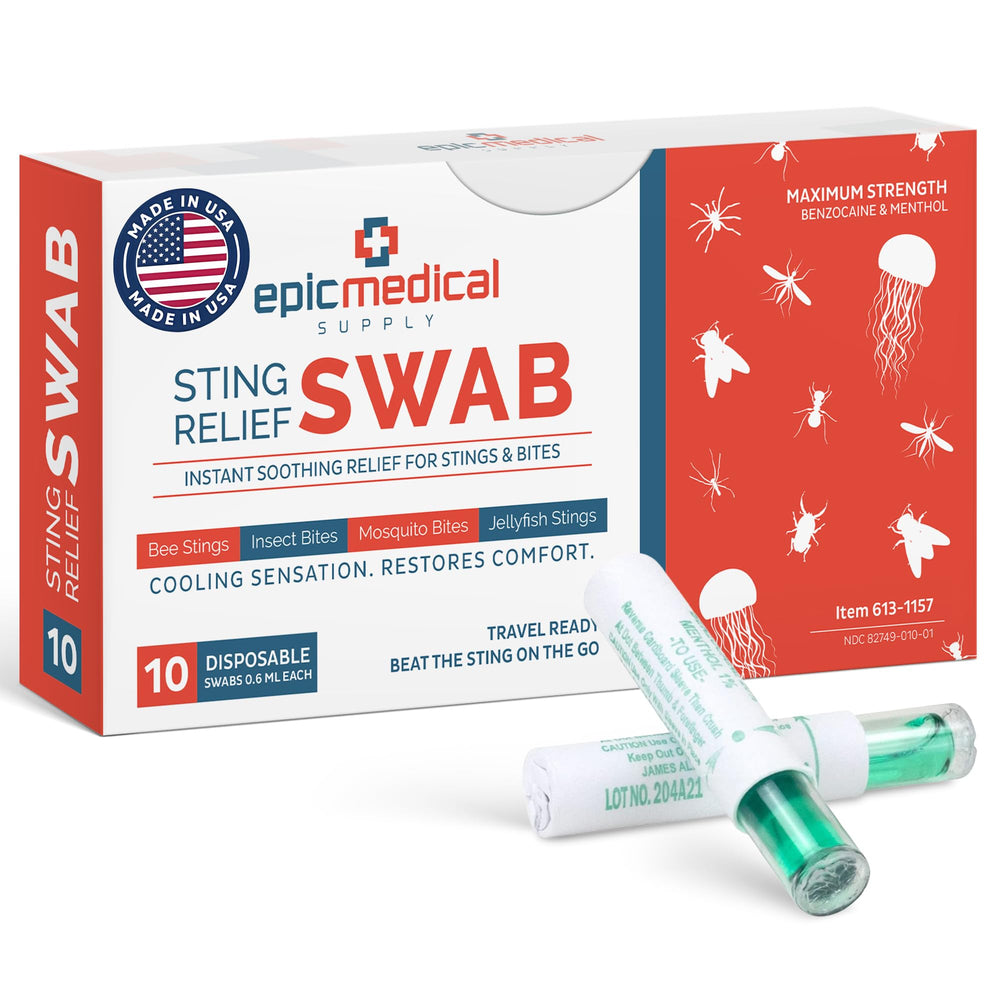 Epic Medical Supply empaque frontal mostrando hisopos desechables y beneficios