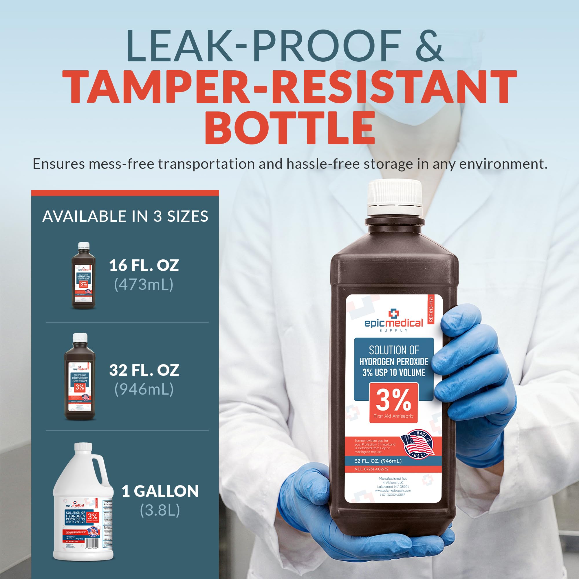 Comparación de tamaño de la botella Epic Medical Supply 32 oz junto a objetos cotidianos