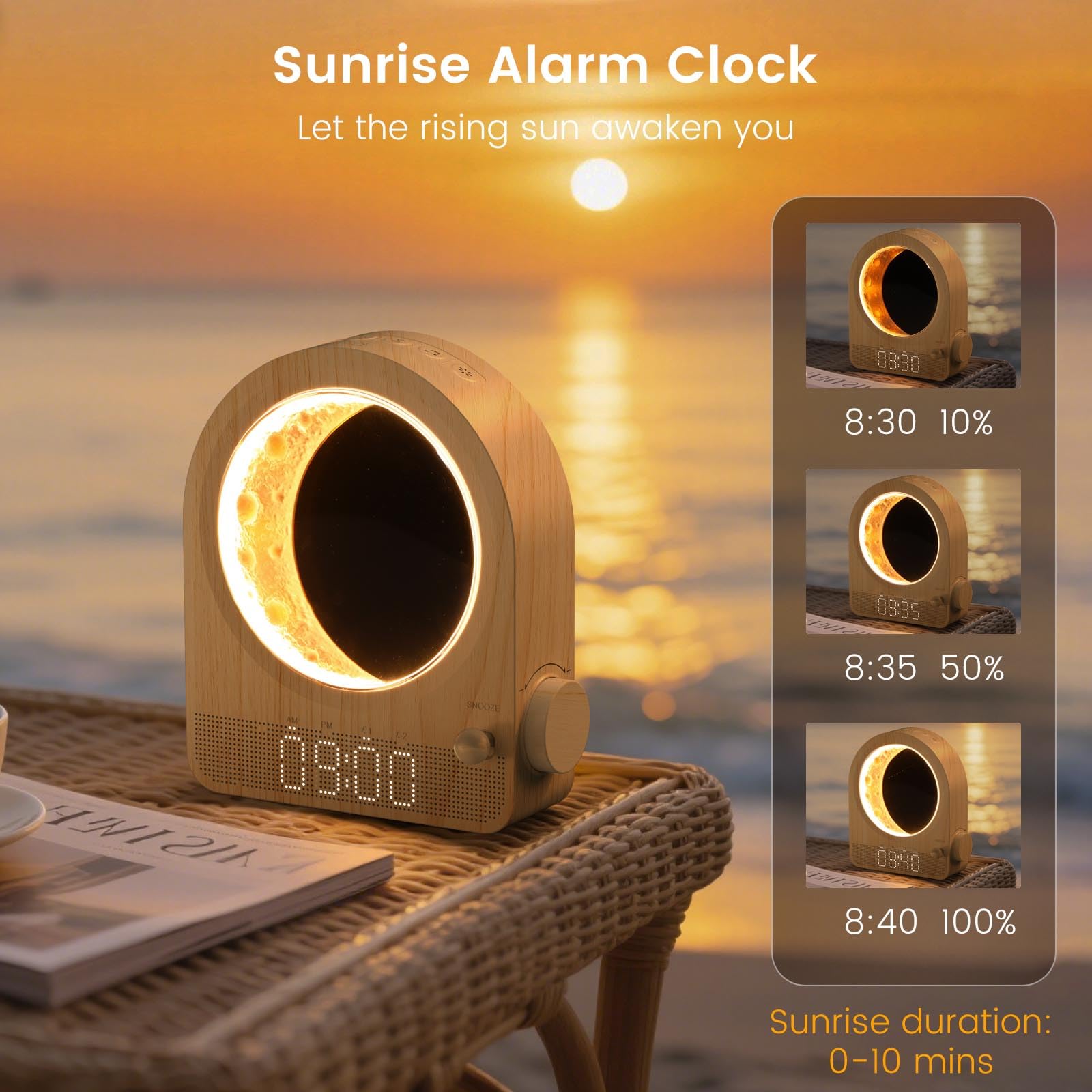 Epochleno mostrando simulación de amanecer, ayuda a un despertar gradual y natural