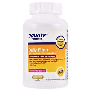 Equate Daily Fiber frontal del envase mostrando cápsulas y beneficio de aporte de fibra