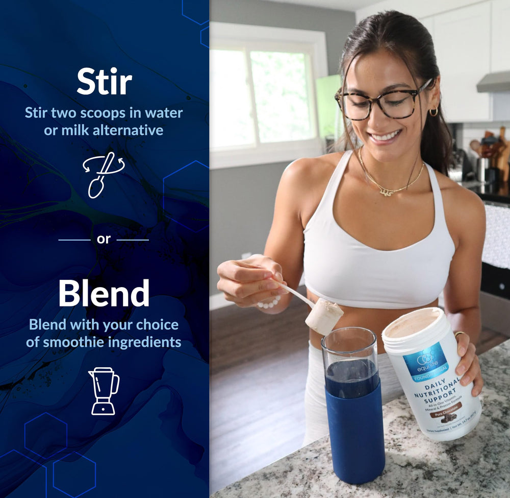 Equilife vaso con batido preparado demostrando energía rápida y sabor