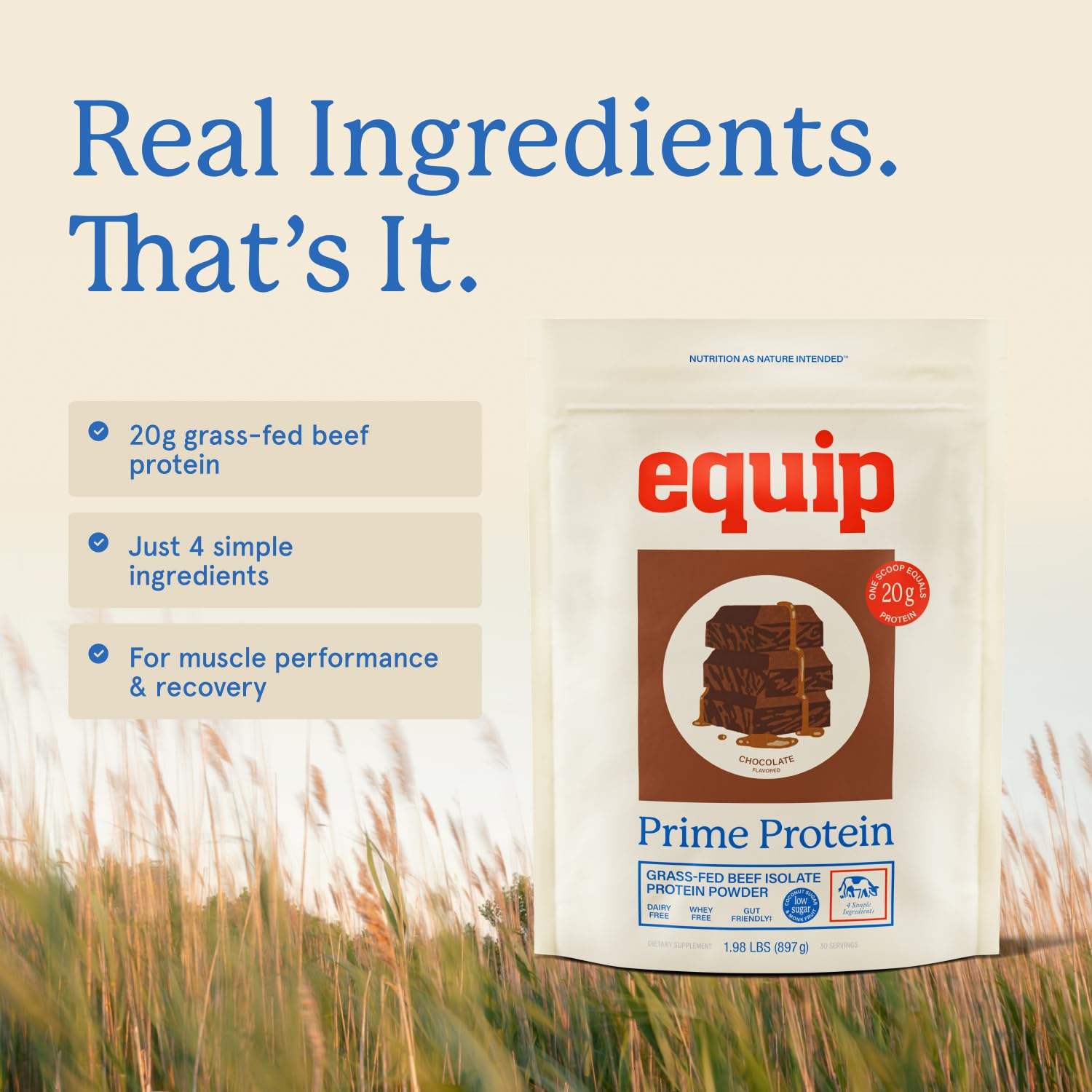 Etiqueta Equip Prime mostrando ingredientes y origen de pastoreo