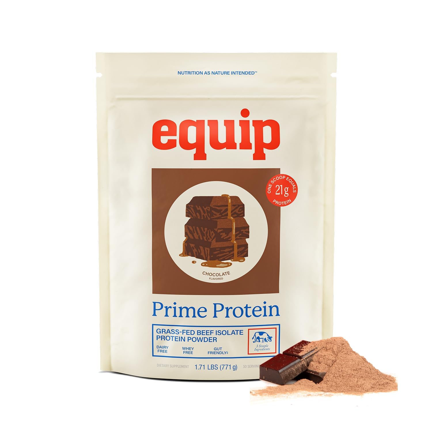Equip frasco Prime Chocolate al frente mostrando diseño y beneficio de proteína