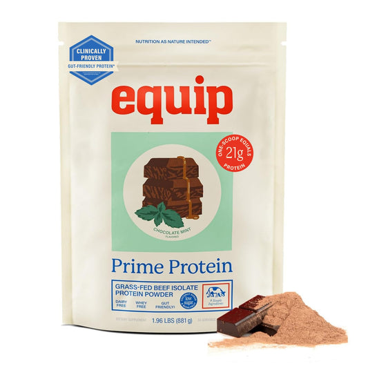Equip envase frontal que muestra el sabor chocolate menta y beneficio proteico