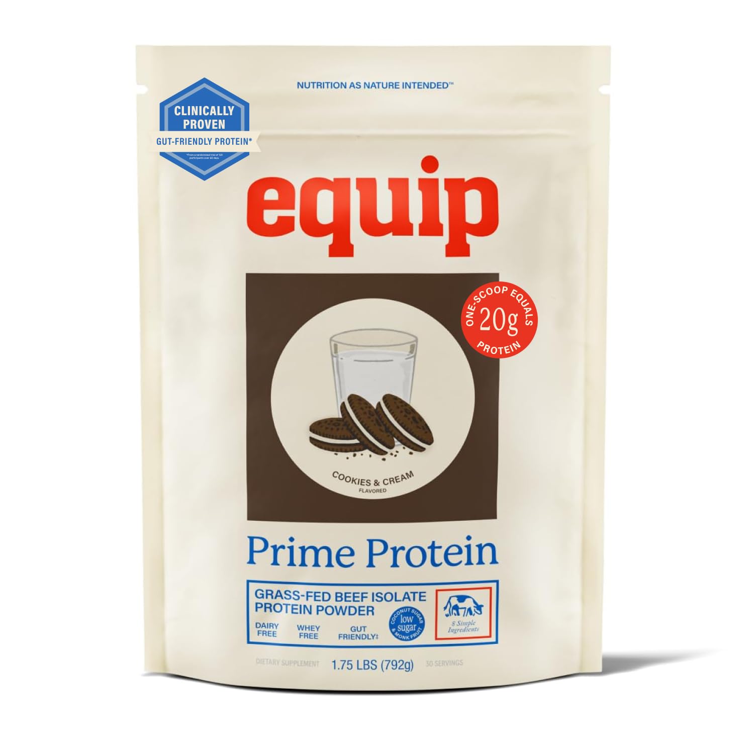 Envase Equip Prime Cookies & Cream mostrando marca y beneficio proteico
