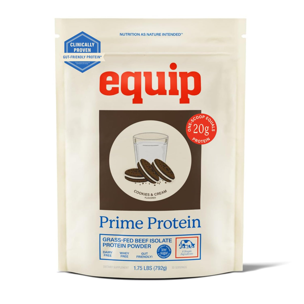 Envase Equip Prime Cookies & Cream mostrando marca y beneficio proteico