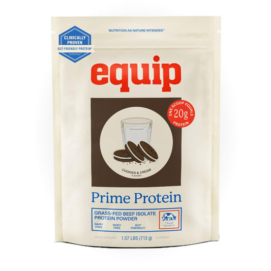 Equip frasco frontal mostrando etiqueta y sabor cookies & cream, fácil identificación